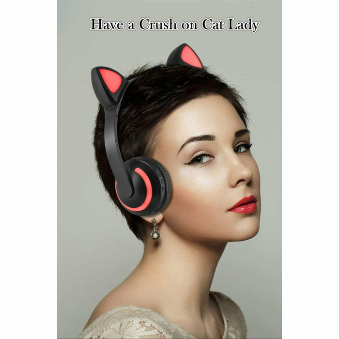 Cat Ear Headset  Wireless/ Wired Colorful ( 7 colors ) Light Folding Subwoofer Headset ( Pink/White)