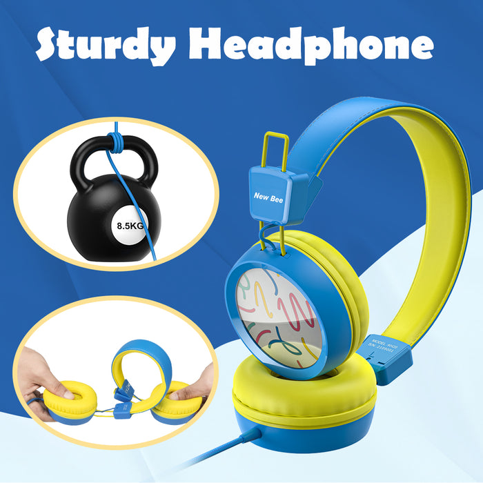 Kids Headphones with Microphone with 85dB/94dB Safe Volume Control Foldable Headphones for School/Travel/Airplane/Smartphone/Kindle/Tablet (Blue/Yellows)