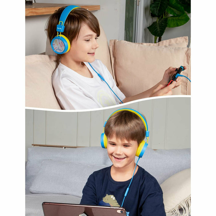 Kids Headphones with Microphone with 85dB/94dB Safe Volume Control Foldable Headphones for School/Travel/Airplane/Smartphone/Kindle/Tablet (Blue/Yellows)