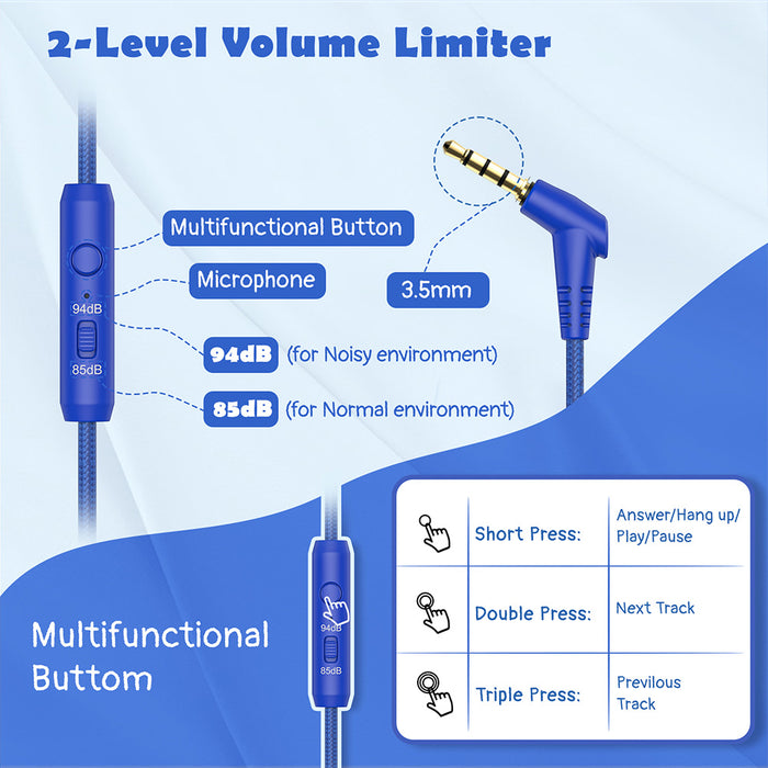 Kids Headphones with Microphone with 85dB/94dB Safe Volume Control Foldable Headphones for School/Travel/Airplane/Smartphone/Kindle/Tablet (Blue)