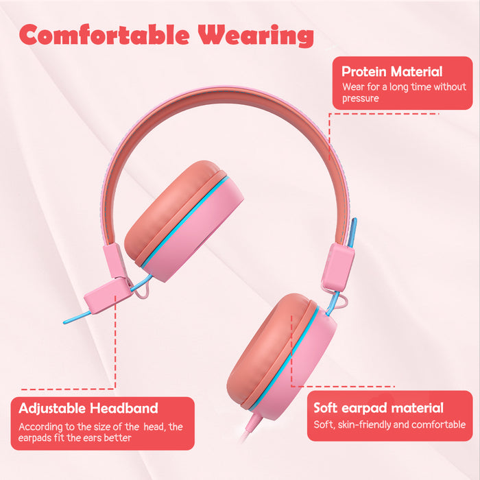 Kids Headphones with Microphone with 85dB/94dB Safe Volume Control Foldable Headphones for School/Travel/Airplane/Smartphone/Kindle/Tablet (Pink)