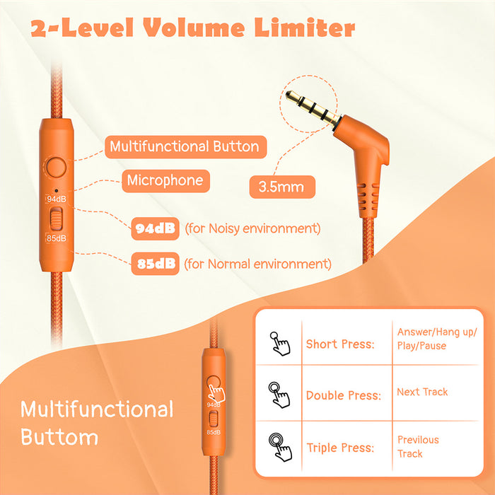 Kids Headphones with Microphone with 85dB/94dB Safe Volume Control Foldable Headphones for School/Travel/Airplane/Smartphone/Kindle/Tablet( Orange)