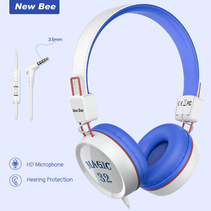 Kids Headphones with Microphone with 85dB/94dB Safe Volume Control Foldable Headphones for School/Travel/Airplane/Smartphone/Kindle/Tablet( Blue/White)