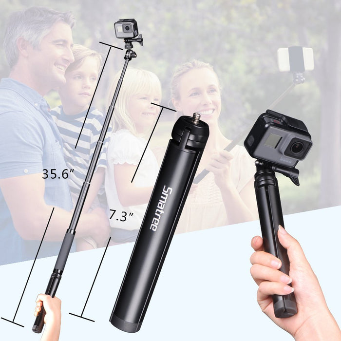 Telescoping Selfie Stick with Tripod Stand for GoPro Hero 5/4/3+/3/2/1/Session Cameras, Ricoh Theta S, M15 Cameras, Compact Cameras and Cell Phones