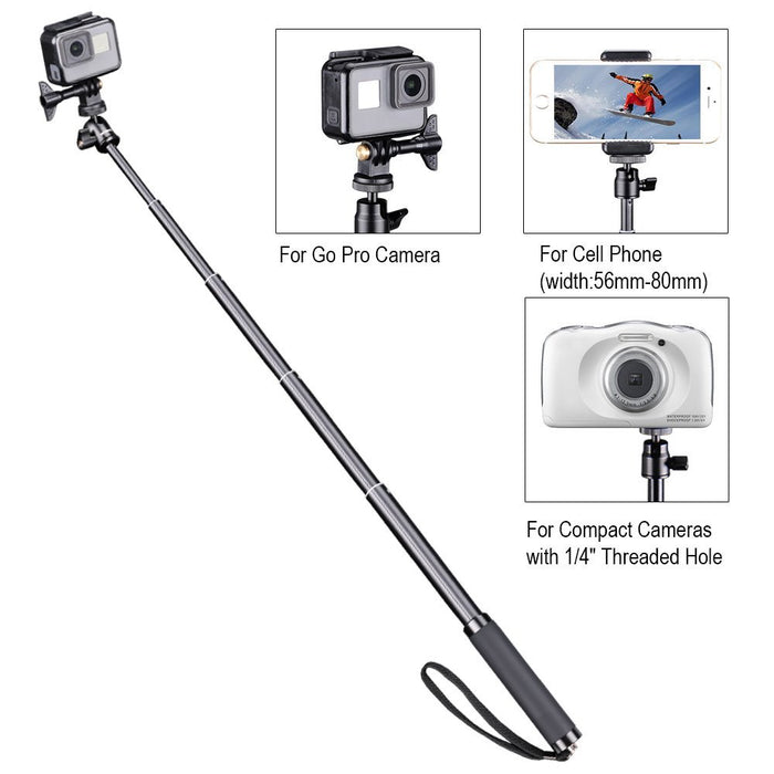 Telescoping Selfie Stick with Tripod Stand for GoPro Hero 5/4/3+/3/2/1/Session Cameras, Ricoh Theta S, M15 Cameras, Compact Cameras and Cell Phones
