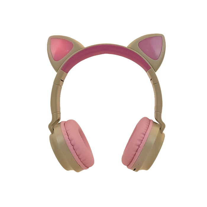 Wireless Bluetooth Headphone Cat Ear Lighting Folding Portable, TF Card/Wired Mode (Pink)