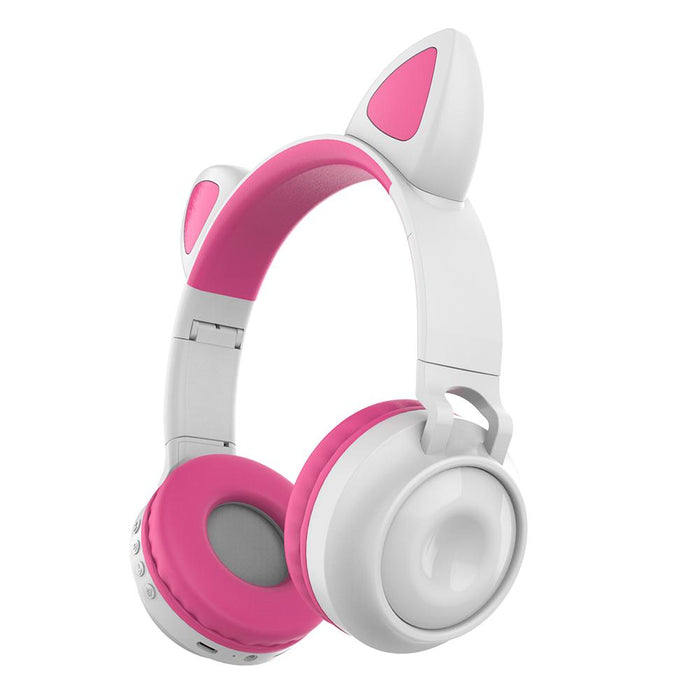 Wireless Bluetooth Headphone Cat Ear Lighting Folding Portable, TF Card/Wired Mode (Rose)