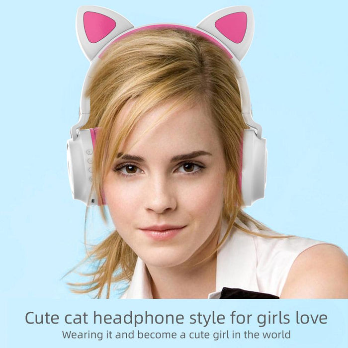 Wireless Bluetooth Headphone Cat Ear Lighting Folding Portable, TF Card/Wired Mode (Pink)