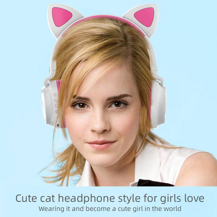 Wireless Bluetooth Headphone Cat Ear Lighting Folding Portable, TF Card/Wired Mode (Rose)