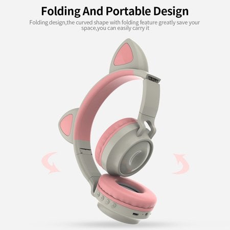 Wireless Bluetooth Headphone Cat Ear Lighting Folding Portable, TF Card/Wired Mode (Rose)