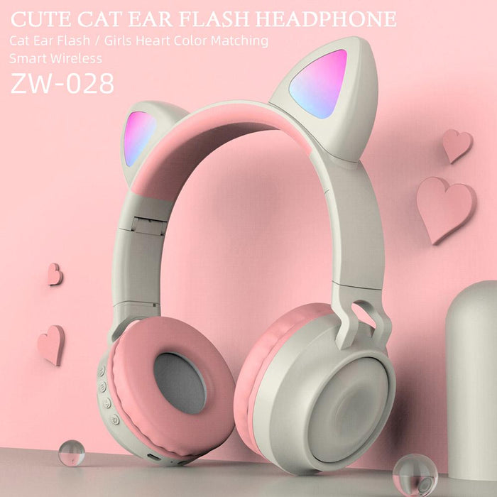 Wireless Bluetooth Headphone Cat Ear Lighting Folding Portable, TF Card/Wired Mode (Rose)