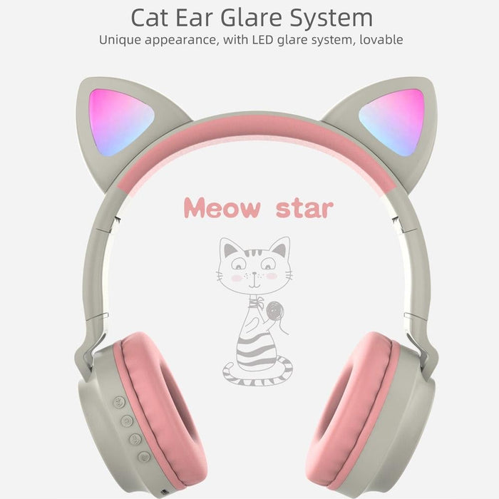 Wireless Bluetooth Headphone Cat Ear Lighting Folding Portable, TF Card/Wired Mode (Pink)