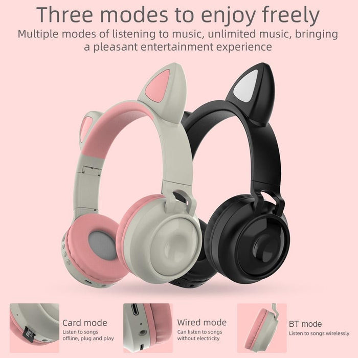 Wireless Bluetooth Headphone Cat Ear Lighting Folding Portable, TF Card/Wired Mode (Pink)