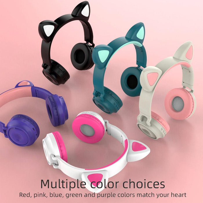 Wireless Bluetooth Headphone Cat Ear Lighting Folding Portable, TF Card/Wired Mode (Rose)