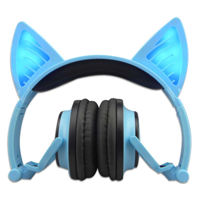 Kids Wireless/ Wired rechargeable  Headphones with Cat Ear On-Ear Foldable LED (Blue)