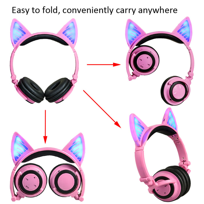 Kids Wireless/ Wired rechargeable  Headphones with Cat Ear On-Ear Foldable LED (Pink)