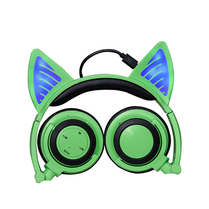 Kids Wireless/ Wired rechargeable  Headphones with Cat Ear On-Ear Foldable LED (Green)