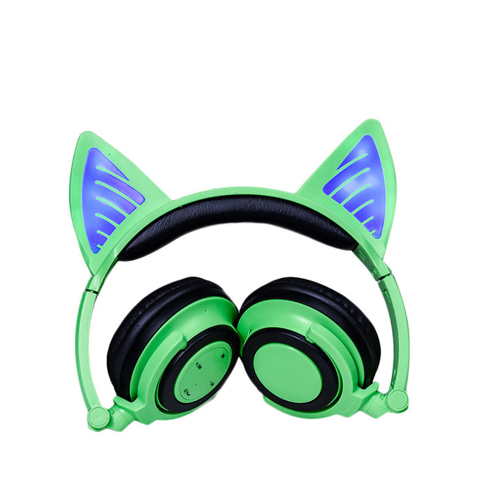 Kids Wireless/ Wired rechargeable  Headphones with Cat Ear On-Ear Foldable LED (Green)