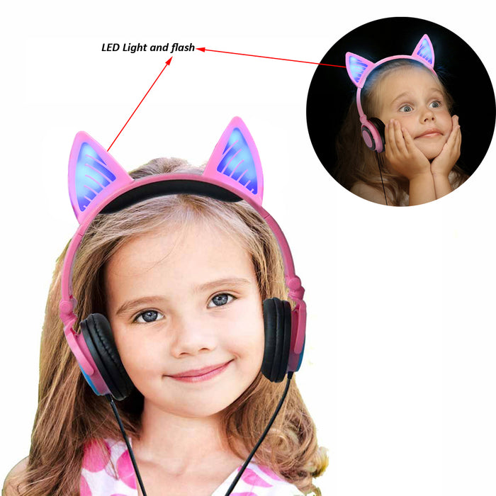 Kids Wireless/ Wired rechargeable  Headphones with Cat Ear On-Ear Foldable LED (Pink)