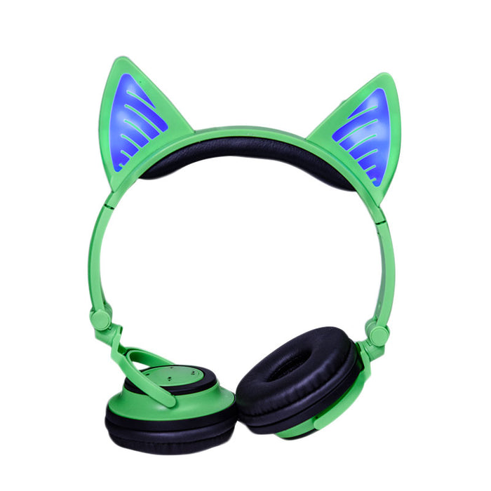 Kids Wireless/ Wired rechargeable  Headphones with Cat Ear On-Ear Foldable LED (Green)