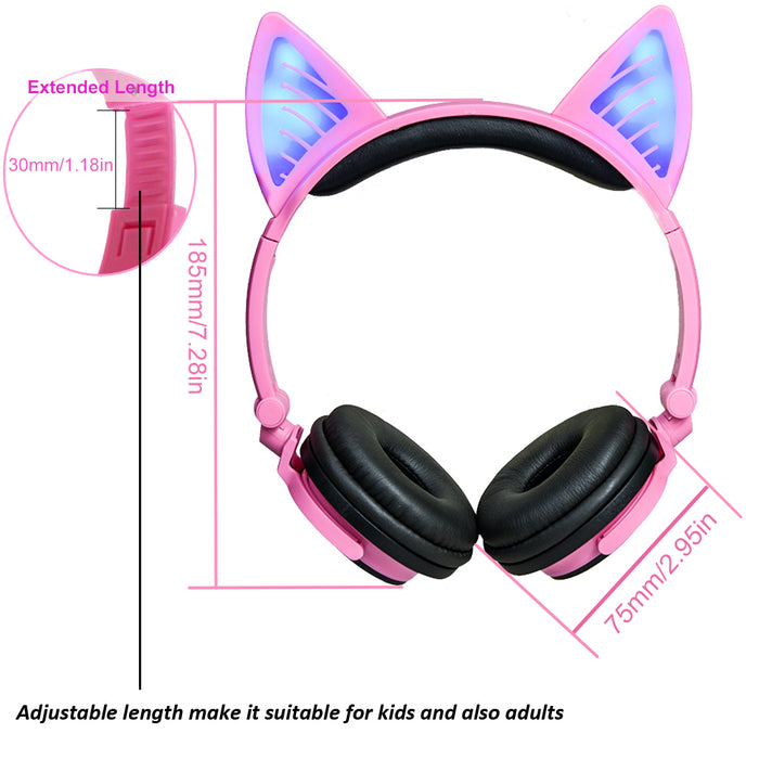 Kids Wireless/ Wired rechargeable  Headphones with Cat Ear On-Ear Foldable LED (Pink)