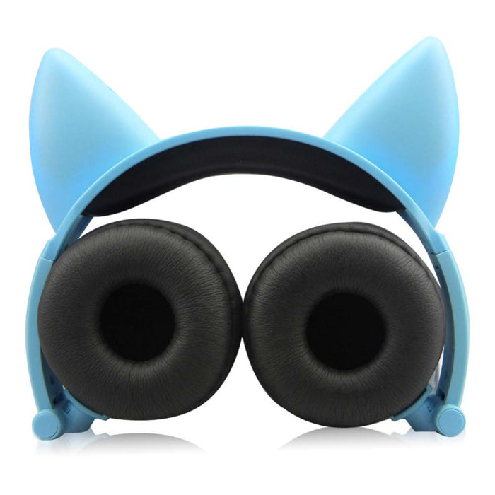 Kids Wireless/ Wired rechargeable  Headphones with Cat Ear On-Ear Foldable LED (Blue)