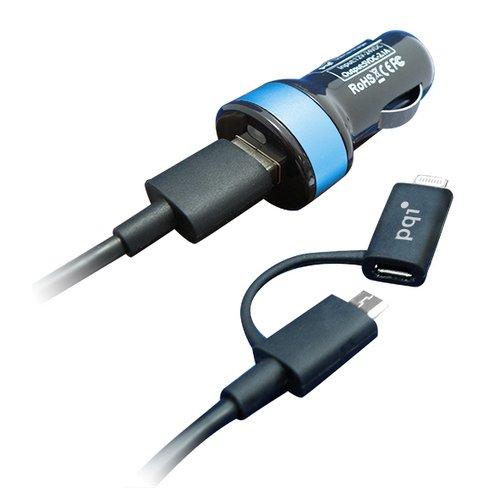 Apple Certified USB Car Charger + 3ft Lightning/Micro to Cable Blue-USB Car Chargers-PQI-brands-world.ca