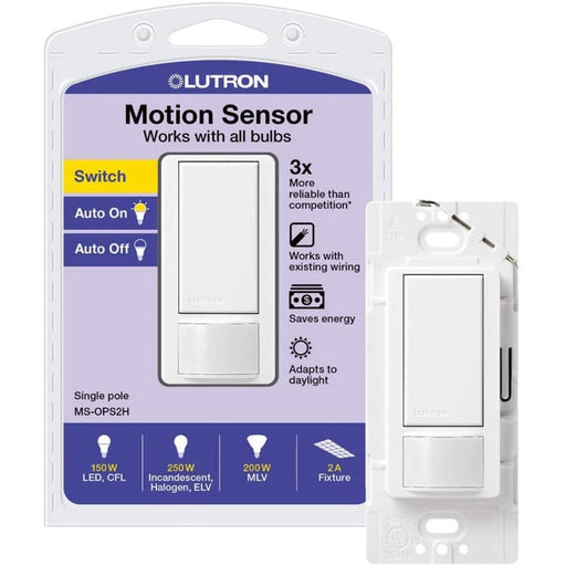 Lutron Maestro Motion Sensor Switch, No Neutral Required, 250 Watts, Single-Pole, MS-OPS2-WH, White, 1 Pack-Smart Switches & Plugs-Lutron-brands-world.ca