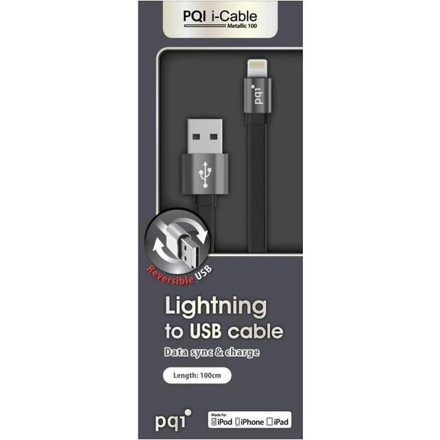 PQI Apple MFi Certified Metallic Lightning to reversible USB Flat Cable - 3 Feet (100 cm) - Gray-iPhone Chargers & Cables-PQI-brands-world.ca