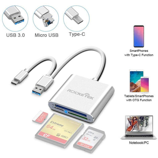 Rocketek 3-in-1 USB 3.0 / C/Micro Card Reader - SD, SDXC, UHS-I SD,...-Card Readers & Adapters-Rocketek-brands-world.ca