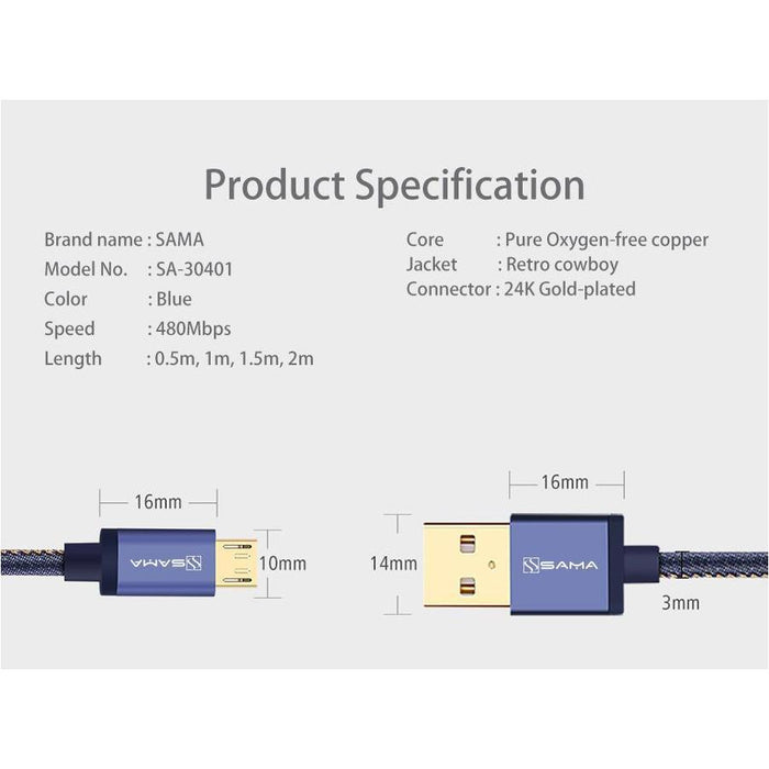 SAMA SA-30401 USB2.0 to micro USB data & charging cable with braid 1.5M Blue-Micro USB Cable-SAMA-brands-world.ca