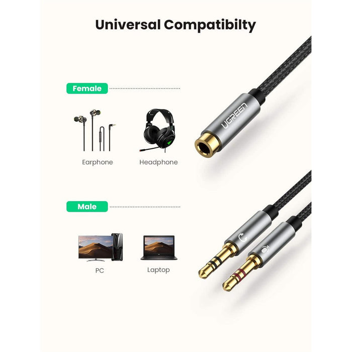 UGREEN Headphone Mic Splitter Cable 3.5mm 2 Male to Female (2x3 Pin Black-Audio Cables-UGREEN-brands-world.ca