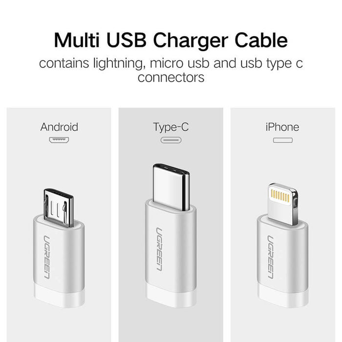 UGREEN Micro USB with Lightning & USB C 1.5M (3 in 1) Data Cable Silver White-USB C Cable-UGREEN-brands-world.ca